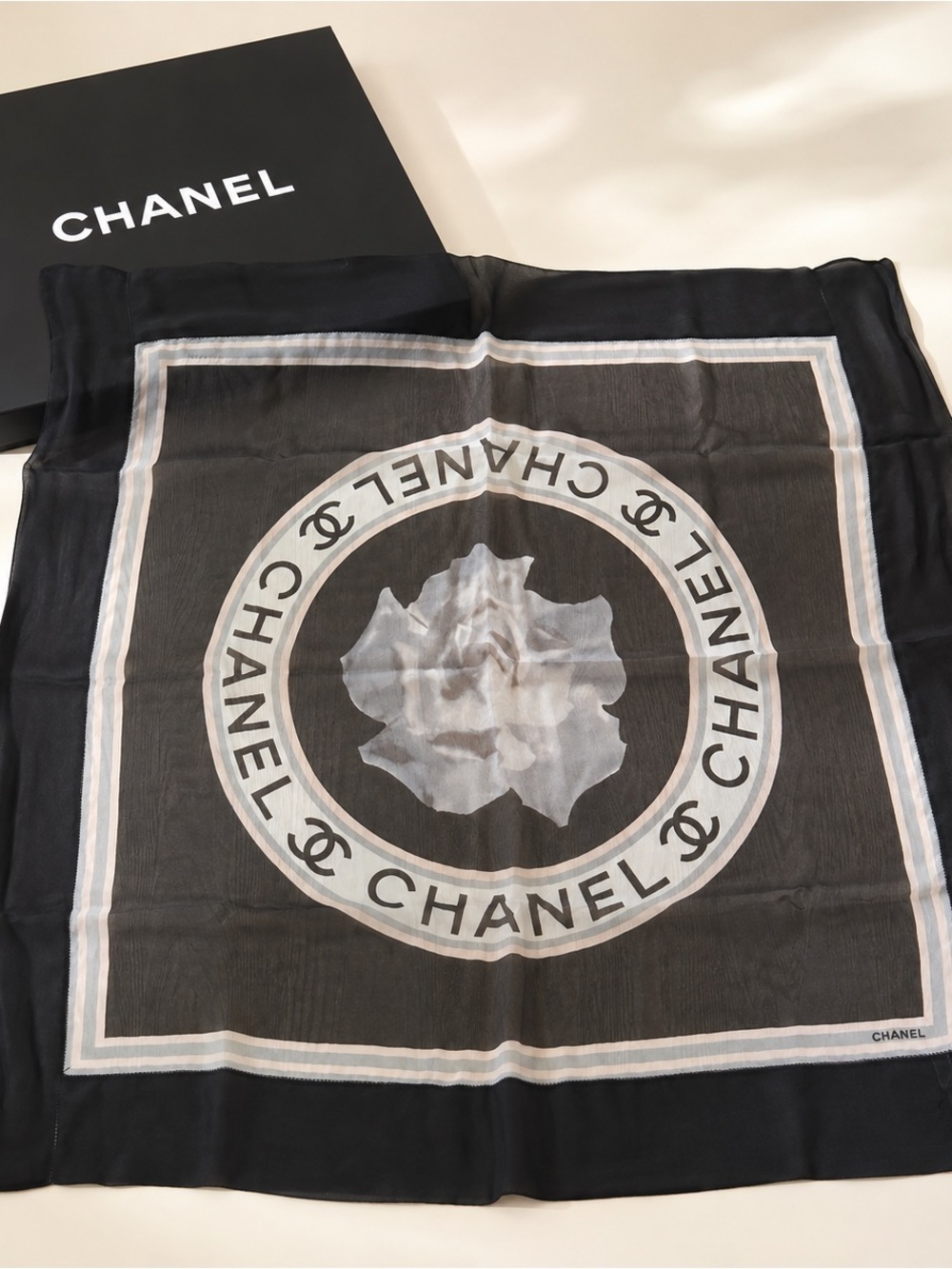 CHANEL Camellia Logo Silk Chiffon Scarf 38x39 w/ Box
